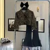 Conjunto de Ropa de Otoño para Niñas 2026 Nuevo Elegante Chic Chaqueta con Estampado de Leopardo Estilo Coreano Pantalones Acampanados Ajustados de Mezclilla Conjunto de Dos Piezas