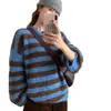 Suéter macio de tricô listrado color-block estilo coreano para mulheres, novo outono/inverno, caimento solto e relaxado, tricô versátil
