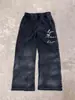 Estilo High Street Americano Strass Vintage Costura Contrastante Design Unissex Lavado Estilo Streetwear Hip-Hop Calça Comprida Conjunto de Duas Peças com Moletom com Capuz