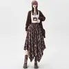 Roupa Feminina Saia Xadrez Irregular 2026 Outono Vintage Xadrez Cintura Elástica Emagrecedora Comprimento Médio Saia Evasê