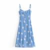 6786-19 Verano Francés Sexy Arrugas Pequeñas Estampado de Crisantemo Abertura Lateral Dobladillo de la Cintura Encaje Falda Lencera Vestido