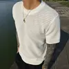 Camiseta Masculina de Verão Malha Vazada Manga Curta Estilo Old Money Respirável Estilo Maduro Elástica Gola Redonda com Toque de Luxo