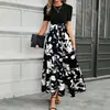 Vestido Patchwork Falso de Dos Piezas Transfronterizo de Amazon con Mangas Cortas Abullonadas, Cintura de Lazo Estampada, Dobladillo Fruncido y Falda de Longitud Media