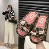Pantuflas de interior para mujer, diseño de conejo de peluche, estilo moderno de una tira, estampado de leopardo, diseño de caricatura casual, doble cara antideslizante, punta abierta y con diseño hueco