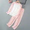 Roupas Finas de Casa para Crianças Verão Modal Meninos e Meninas Seda Gelada Pijama Manga Longa Calça Longa Conjunto de Roupas para Ar Condicionado