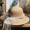 Sombrero de Paja Lafite con Perlas de Encaje Tejido a Mano para Mujer, Sombrero de Sol de Verano para Viajes, Sombrero de Playa para Vacaciones para Niños