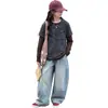 Conjunto casual listrado leve para meninas, duas peças, outono, top de manga longa e jeans, versátil, caimento solto, moderno para crianças mais velhas