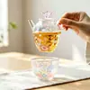 Xícara de chá de vidro resistente ao calor com padrão floral, jarra para chá gelado com infusão de flores, bule, conjunto de chá Kung Fu, tigela com tampa, xícara de justiça, xícara de chá verde
