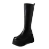 Primer encuentro con botas de plataforma gruesa hasta la rodilla para mujer, con tacones extra altos, punta redonda, caña larga, plataforma impermeable y material elástico