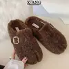 Zapatos Birkenstock de lana con suela gruesa, sin talón, slip-on, puntera dividida para mujer, con forro polar añadido para abrigo, zapatos de algodón peludo, medias pantuflas cerradas