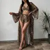 Conjunto de 3 Peças Estampa de Leopardo Confortável Amigo da Pele Roupão Longo Roupão de Banho Roupão de Manhã Shorts de Pijama Conjunto de Roupa para Casa Feminino