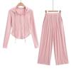 Conjunto esportivo feminino 2023 outono garota popular cintura marcada com capuz zíper cardigã top + cintura elástica calça casual de perna larga