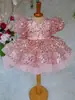 Vestido de Princesa Vestido Infantil Rosa Europeo y Americano Niños Lentejuelas Pasarela Manga Abullonada Vestido de Princesa Venta al por Mayor