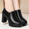 Zapatos de tacón alto de plataforma gruesa con punta redonda de pelo para mujer, tacón grueso, Joker, nuevos para primavera y otoño, zapatos de cuero impermeables para mujer