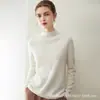 Camada base de malha 100% caxemira bainha enrolada de uma linha gola meio alta feminina manga longa suéter pullover de malha de caxemira
