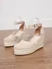 Sandalias de Moda de Comercio Exterior para Mujer Estilo Nuevo Sandalias de Cuña Punta Cerrada Plataforma Impermeable de Suela Gruesa Sandalias con Correa al Tobillo de Cuerda de Cáñamo de Paja