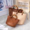Bolsa Feminina Retrô de Vime Sintético Tecida Bolsa de Mão Grande Capacidade Bolsa de Praia Moda Férias Bolsa de Mão Tecida