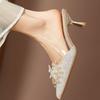 Mules de Verano para Mujer con Punta Abierta 2026 Nuevo Estilo Punta Fina con Pedrería Tacón de Aguja Estilo Francés Sin Espalda Sandalias Transparentes