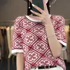 Camiseta de mujer retro con cuello redondo, combinación de colores azul y blanco tipo porcelana, holgada, cómoda, transpirable, manga corta de punto de algodón, nueva para primavera y verano