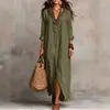 Camisa Larga Lisa de Color Sólido con Cuello en V y Volantes para Mujer, Estilo Holgazán Casual con Botones, para Primavera, Verano y Otoño