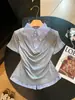 Camisa Polo Color Block Listrada com Design Moderno, Falsa Peça Dupla, para Mulheres, Estilo Coreano de Verão para o Trabalho, Blusa de Manga Curta com Barra Fluida