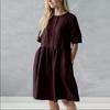 2025Wish Moda Casual Transfronteriza Europea y Americana para Mujer Color Sólido Cuello Redondo Botón de Bolsillo Manga Corta Vestido de Algodón y Lino