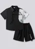 Conjunto de verano estilo chino para niños, nuevo estilo para niños, estampado de bambú tinta, conjunto de dos piezas tipo traje Tang abotonado, disponible para dropshipping