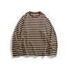 Yidao Roupas Vintage 2026 Outono Novo Retrô Americano Relaxado Waffle Cor Contrastante Listrado Manga Longa Camiseta