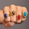 Rueda de la fortuna circonita tipo ola óvalo piedra natural anillo abierto acero inoxidable chapado PVD ajustable en stock suministro