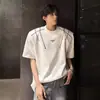 Camiseta de manga corta con cuello pequeño y hombreras acolchadas, estilo callejero americano de verano, corte limpio, para hombre, top de peso pesado de alta gama, camiseta de manga media