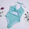 Traje de baño de una pieza para mujer, nuevo, con cordones, estilo fresco, sin mangas, con almohadilla en el pecho, de cuello halter, color liso, estilo europeo y americano, bikini transfronterizo