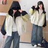 Chaqueta con capucha de bloques de color estilo coreano para niñas, nueva colección primavera/otoño 2026, chaqueta con cremallera elegante y casual para niños mayores