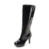 Botas de couro patente versáteis para outono e inverno para mulheres, bico redondo, plataforma impermeável, salto alto, botas Martin, botas femininas plus size transfronteiriças com zíper lateral