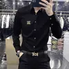 Camisa larga de manga larga negra de alta gama de marca italiana para hombre, nuevo estilo de primavera, elegante y ajustada, camisa casual de color liso para hombre