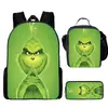 Mochila Escolar Infantil Monstruo de Pelo Verde Grinch Mochila para Estudiante de Primaria Bolsa de Comida Estuche para Lápices Mochila de Tres Piezas Venta al por Mayor Transfronteriza