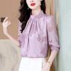 Camisa de Chiffon Jacquard com Gola Alta Top Feminino Outono Novo Solto Estilo Profissional Ol Camisa de Manga Comprida Feminina