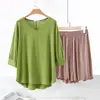 Algodón Transpirable Holgado Casual Ropa de Casa Verano Delgado Talla Grande Mangas de Murciélago Holgadas para Mujer Cuello en V Shorts Conjunto de Dos Piezas