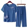 Pijama de Duas Peças de Algodão e Linho com Gola Redonda e Manga Curta para Primavera e Verão para Mulheres de Meia-Idade e Idosas, Mães e Sogras, Roupa de Casa Estampada que Pode Ser Usada Fora