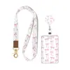 Porta credencial retráctil rosa de Amazon con cordón con estampado de piel sintética, llavero de metal y porta credencial con impresión UV