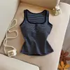 Top Camisola de Rayas con Botones Estilo Coreano para Mujer con Copas Relleno Versátil Adelgazante Sexy Ropa Exterior Espalda Bonita Top sin Mangas para Mujer Verano