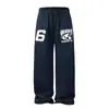 Estilo callejero europeo y americano, azul, corte holgado, pierna ancha, unisex, bordado con estampados de letras, pantalones deportivos casuales de pierna recta