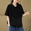 Playera con Capucha de Manga Corta para Mujer Verano Moda Simple Europea Edición Grande Costuras Bolsillo Nicho Top Holgado 81012