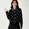 Nuevo Suéter de Punto con Cuello Polo, Patchwork de Mezclilla, Estilo Falso Dos Piezas, Lunares, Suave y Juvenil, Abrigo Suéter para Mujer, Otoño/Invierno 2026
