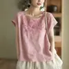 Camiseta de Algodón y Lino Vintage con Bordado Pesado de Cuello Redondo para Mujer, Nuevo Modelo Verano 2026, Suéter Delgado Elegante Versátil para Mujer