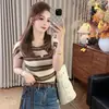 Top de malha sem mangas listrado estilo coreano para mulheres, novo modelo de verão, rejuvenescedor, versátil, slim fit, com pequenas mangas bufantes