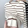 Jaqueta de Tricô com Zíper Duplo Design Preguiçoso para Mulheres Primavera e Outono Novo Cardigan Suéter Interno Listrado Preto e Branco Estilo Curto Feminino