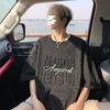 Tops Masculinos de Verão de Manga Curta Soltos Estampados em Aço de Manga Três Quartos para Adolescentes Marca de Moda Coreana Camisetas de Manga Curta Camisetas Americanas para Homens