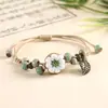 Pulsera de Cerámica Hecha a Mano con Cuentas, Estilo Antiguo Étnico, Flor Incrustada en Piedra, para Mujeres, Estilo a Juego para Novias, Diseño Tejido, Suministro Directo del Fabricante