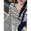 Playera Holgada de Manga Larga con Cuello Redondo y Rayas de Color en Contraste para Mujer, Estilo Lazy para Principios de Otoño, Casual, Protección Solar, Blusa Nicho con Aspecto Adelgazante