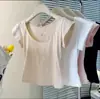 [75% Algodón, 25% Polifibra] Camiseta Azul de Manga Corta con Cuello Redondo Bajo para Mujer, Corte Ajustado, Efecto Adelgazante, Verano 2026